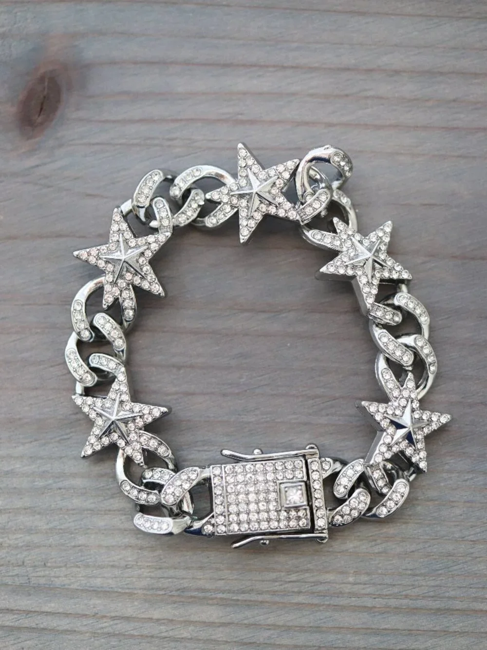 Stars & Cuban Ice Round Curb Diamond Chain with Rhinestones Silver Plated N+B Se